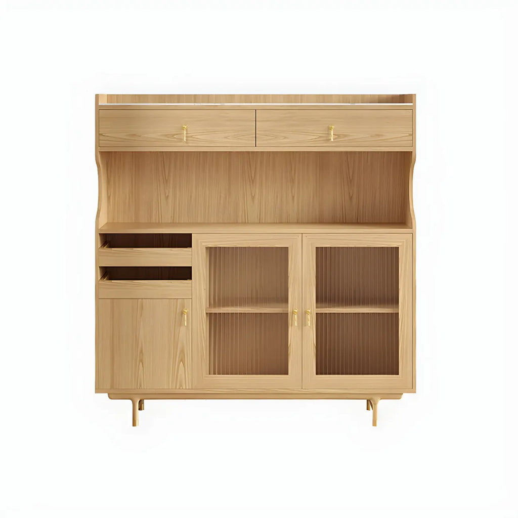 Brown Wood Glass Door Kitchen Hutch Cabinet with Storage