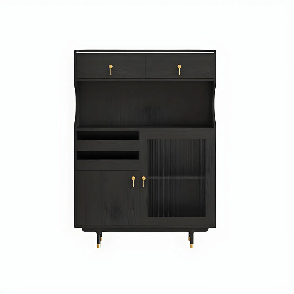Brown Wood Glass Door Kitchen Hutch Cabinet with Storage