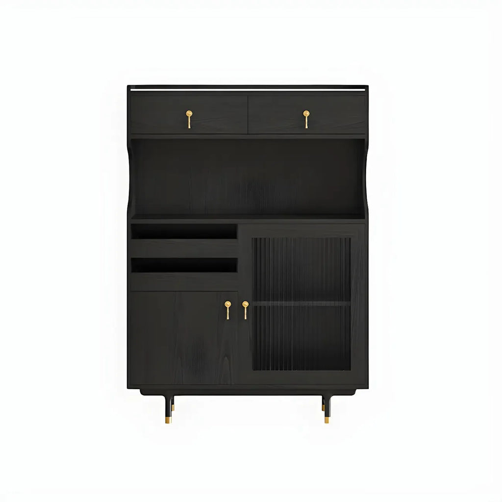 Brown Wood Glass Door Kitchen Hutch Cabinet with Storage