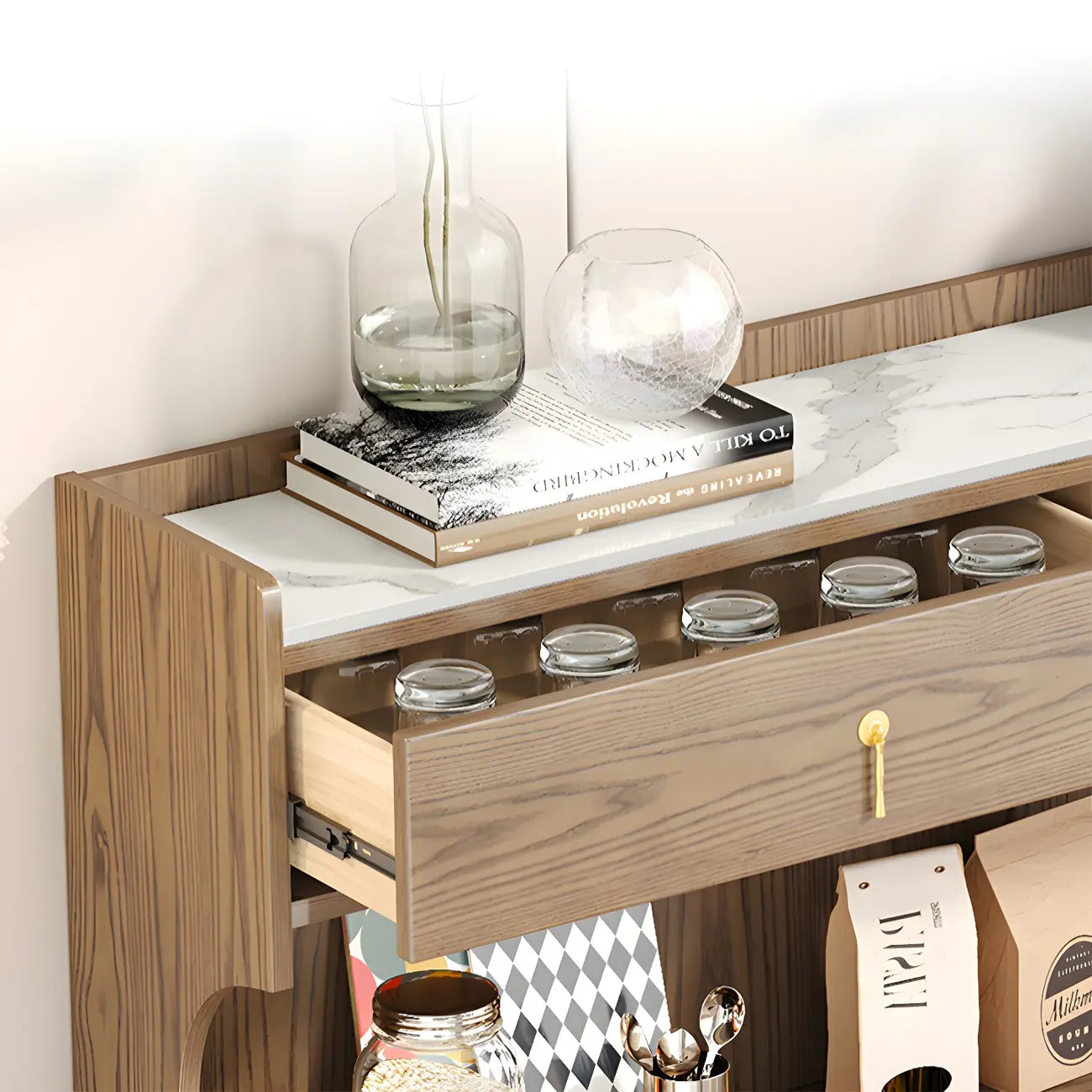 Brown Wood Glass Door Kitchen Hutch Cabinet with Storage