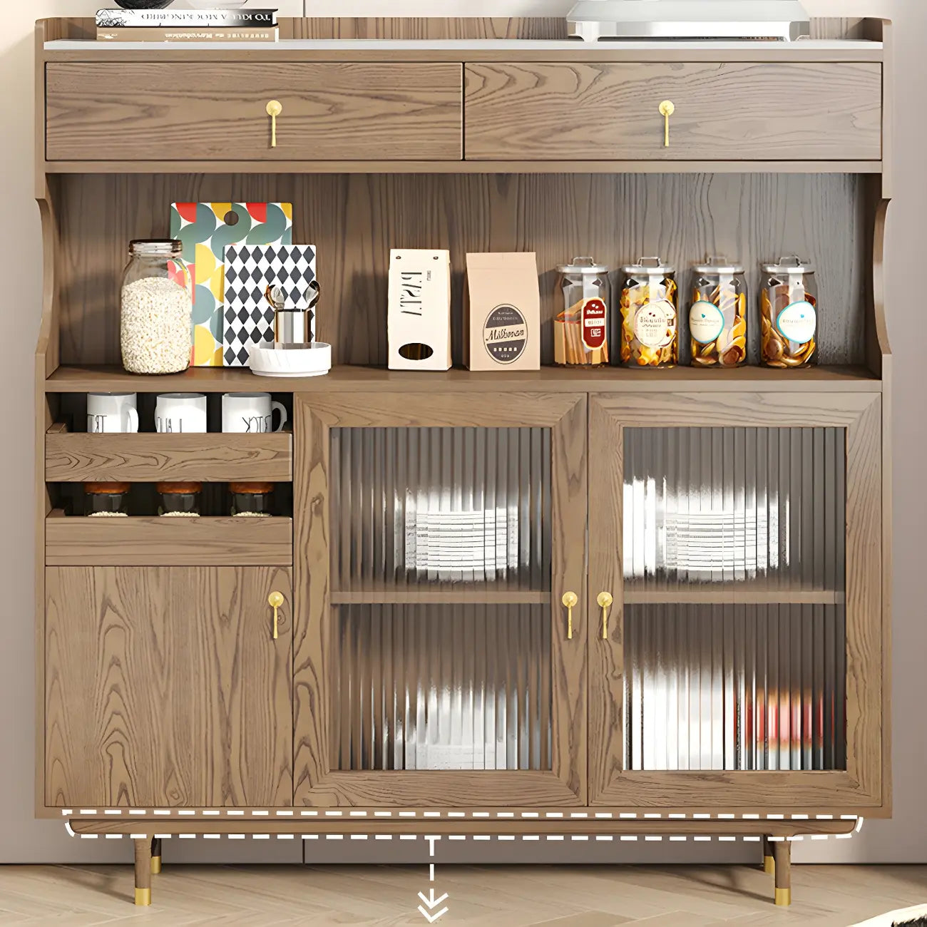 Brown Wood Glass Door Kitchen Hutch Cabinet with Storage
