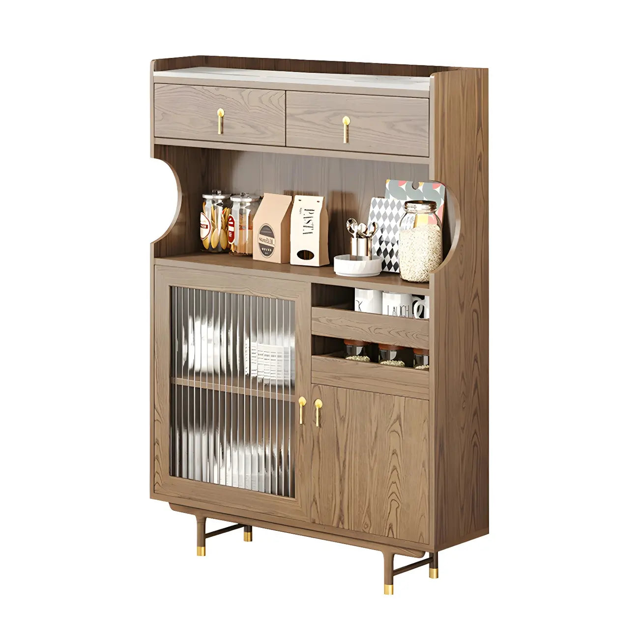 Brown Wood Glass Door Kitchen Hutch Cabinet with Storage