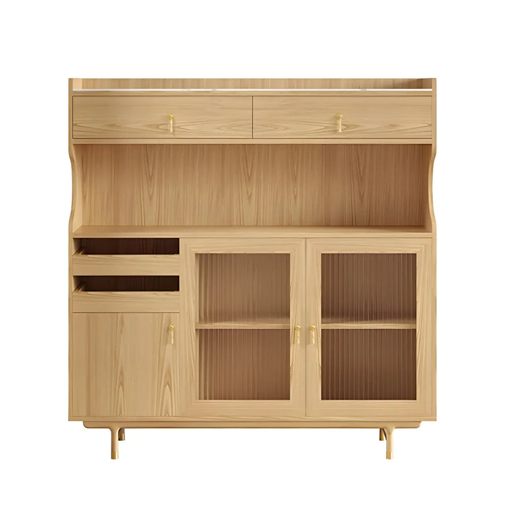Brown Wood Glass Door Kitchen Hutch Cabinet with Storage