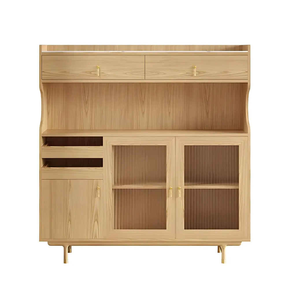 Brown Wood Glass Door Kitchen Hutch Cabinet with Storage