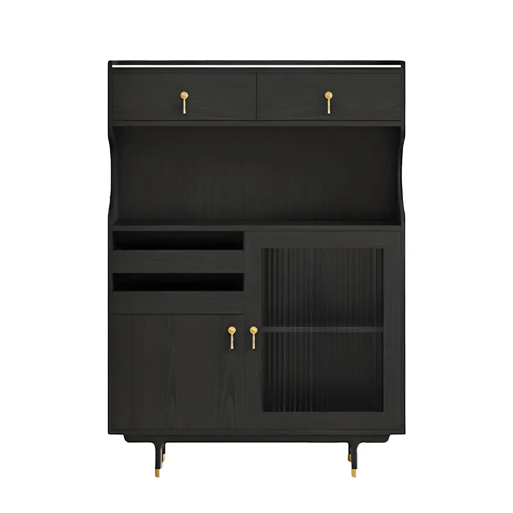 Brown Wood Glass Door Kitchen Hutch Cabinet with Storage