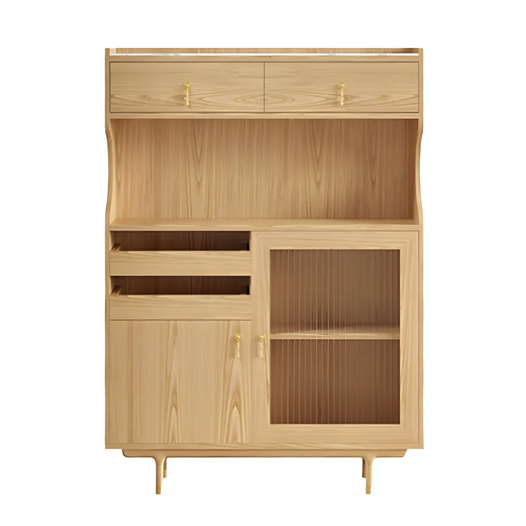 Brown Wood Glass Door Kitchen Hutch Cabinet with Storage