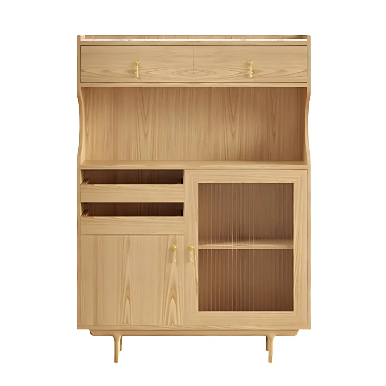 Brown Wood Glass Door Kitchen Hutch Cabinet with Storage
