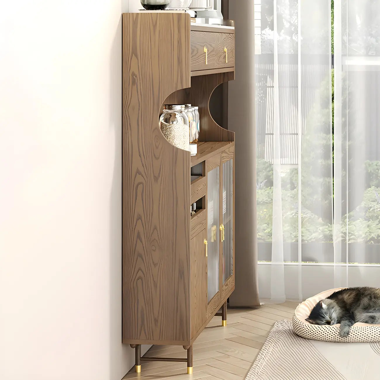 Brown Wood Glass Door Kitchen Hutch Cabinet with Storage