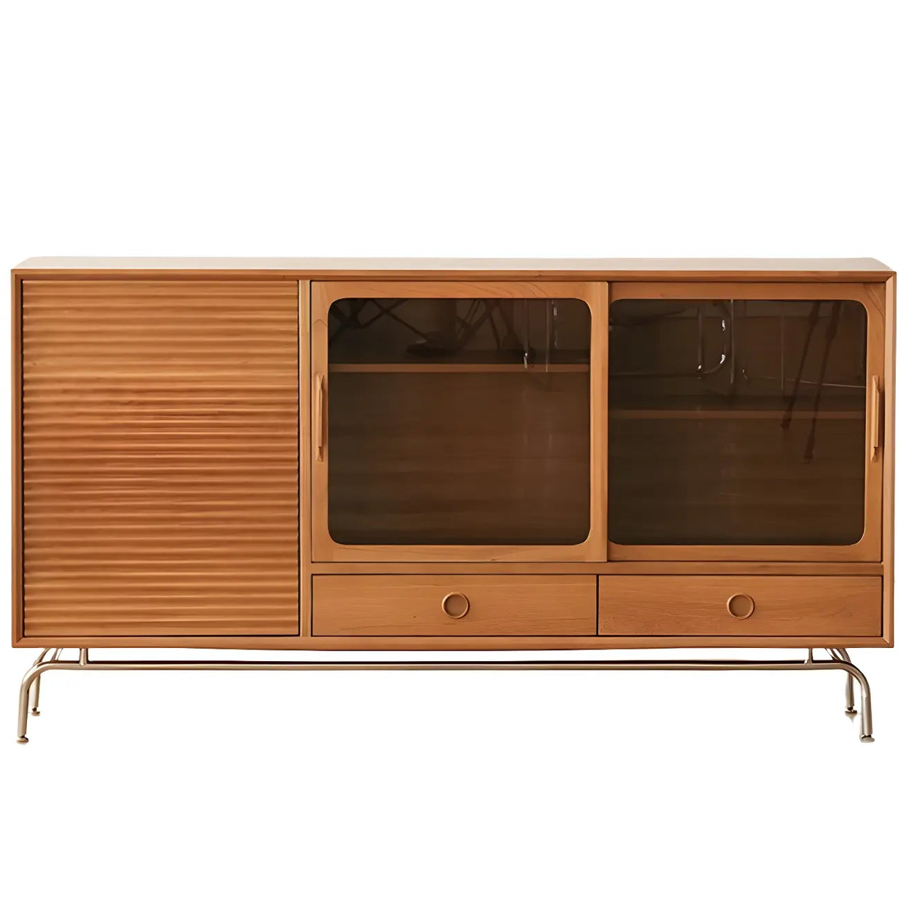 Brown Wood Glass Door Metal Legs China Cabinet with Drawer