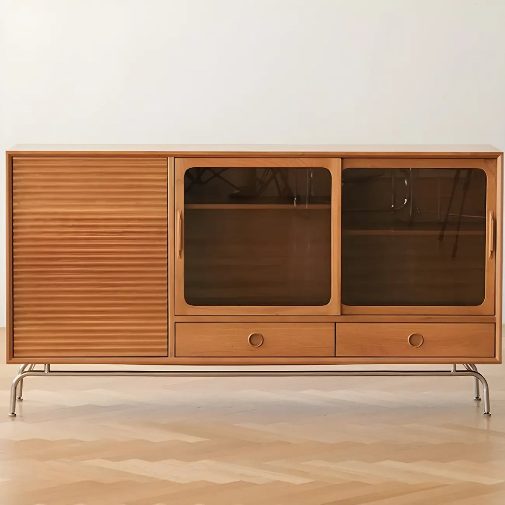 Brown Wood Glass Door Metal Legs China Cabinet with Drawer