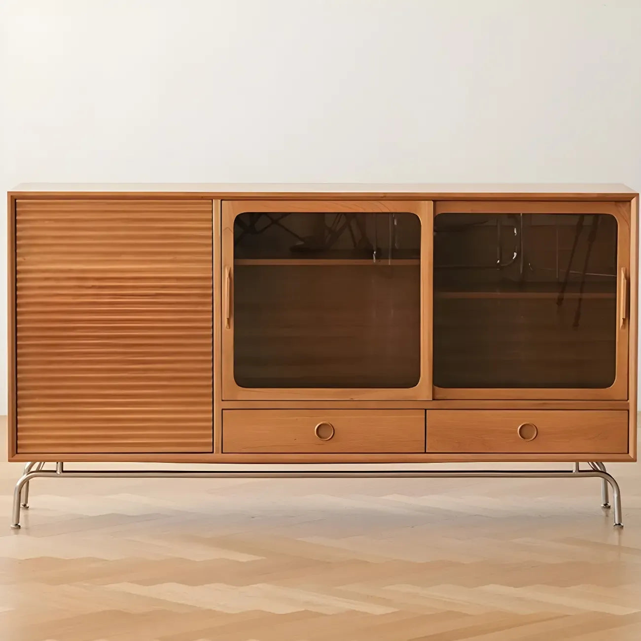 Brown Wood Glass Door Metal Legs China Cabinet with Drawer