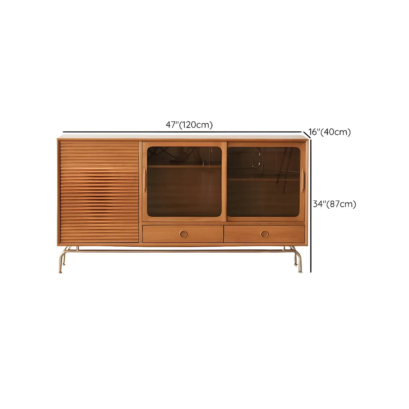 Brown Wood Glass Door Metal Legs China Cabinet with Drawer