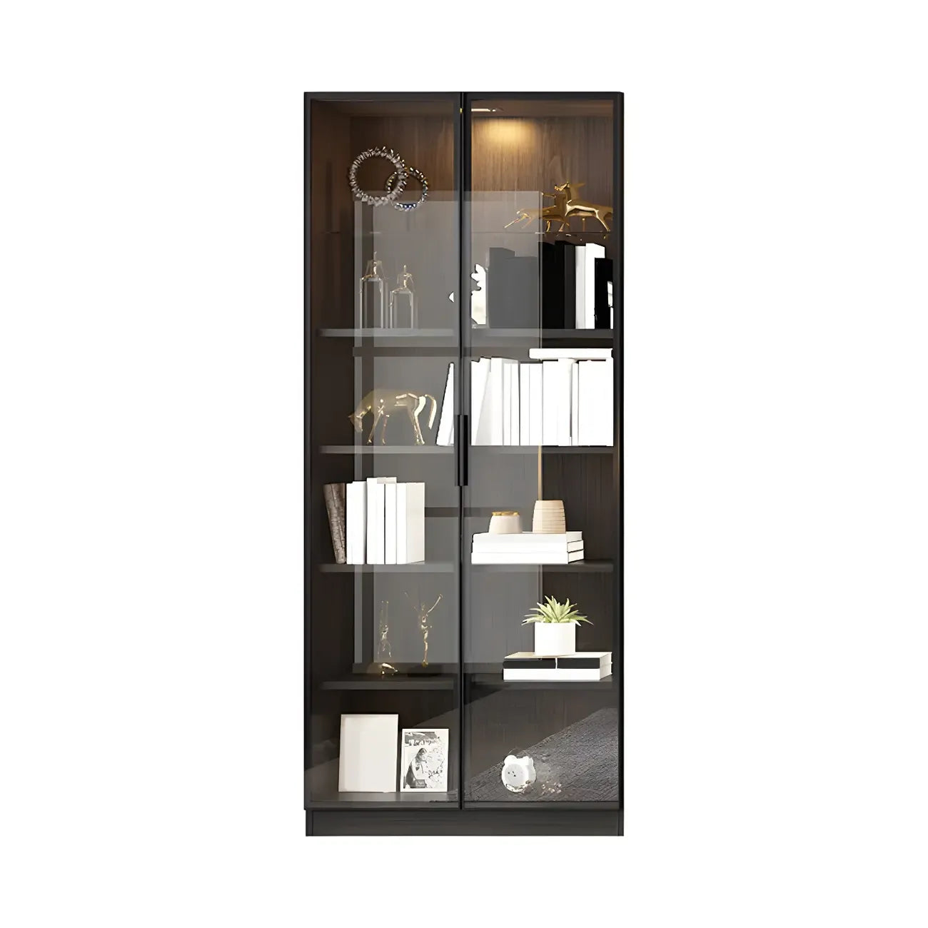 Black Glass Doors Wood Large Display Cabinet with Drawers
