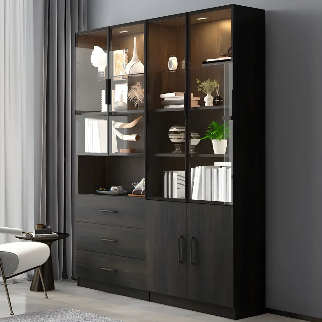 Black Glass Doors Wood Large Display Cabinet with Drawers
