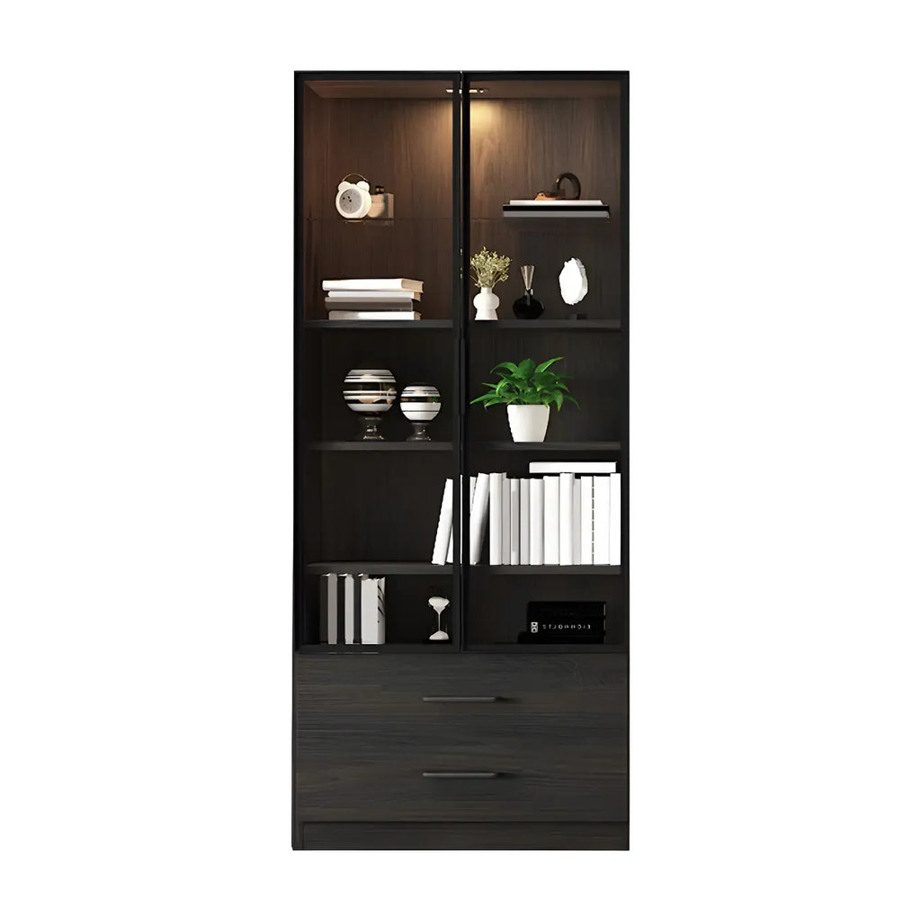 Black Glass Doors Wood Large Display Cabinet with Drawers