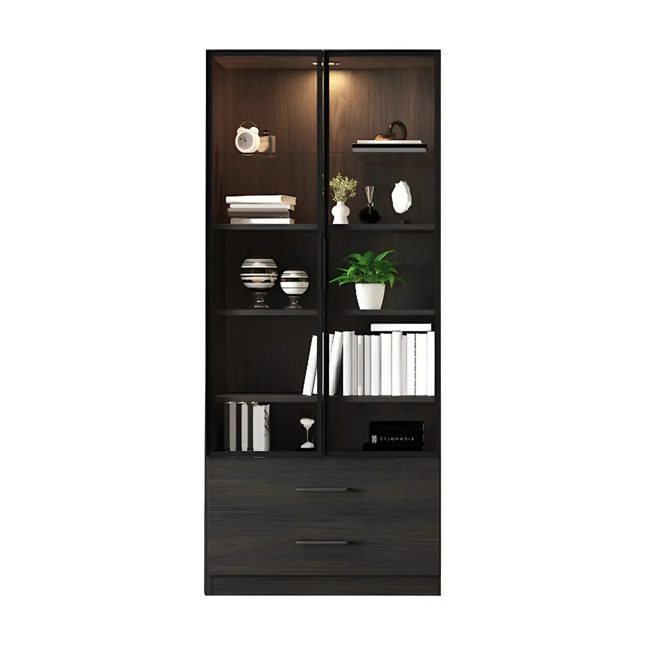 Black Glass Doors Wood Large Display Cabinet with Drawers
