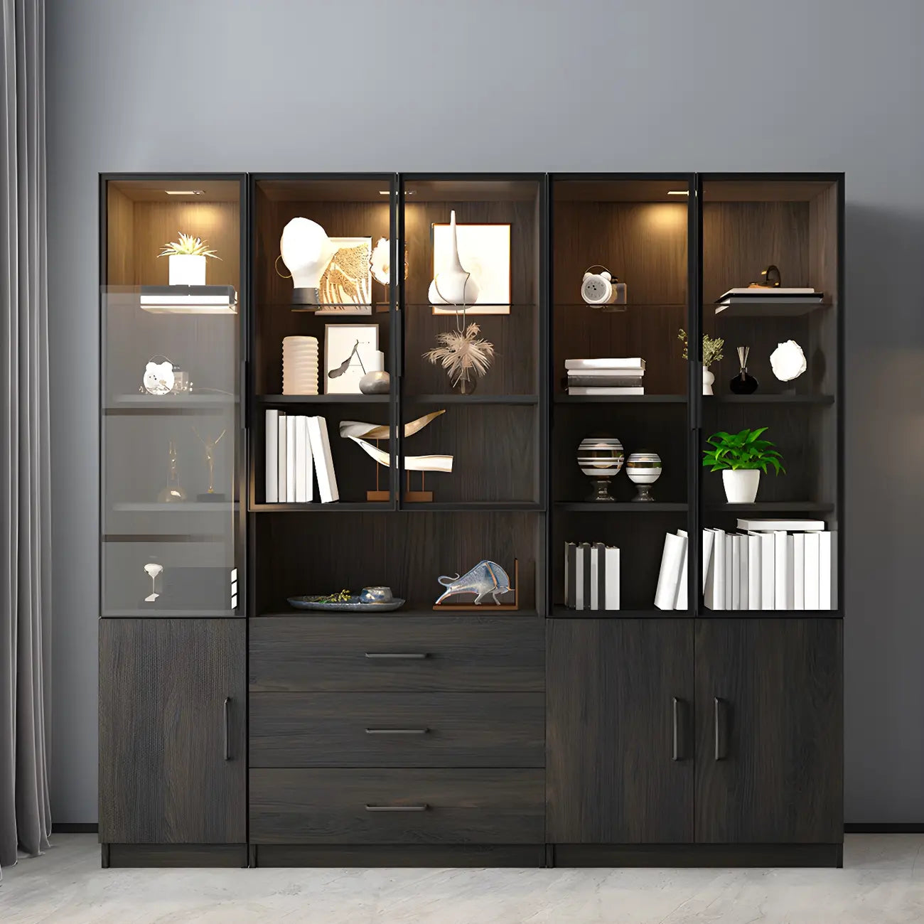 Black Glass Doors Wood Large Display Cabinet with Drawers