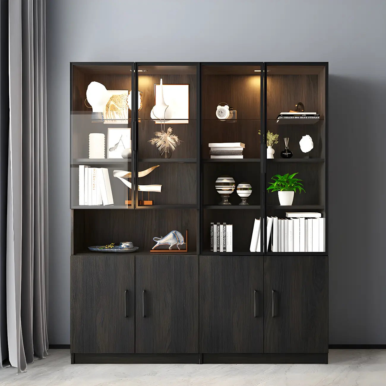 Black Glass Doors Wood Large Display Cabinet with Drawers