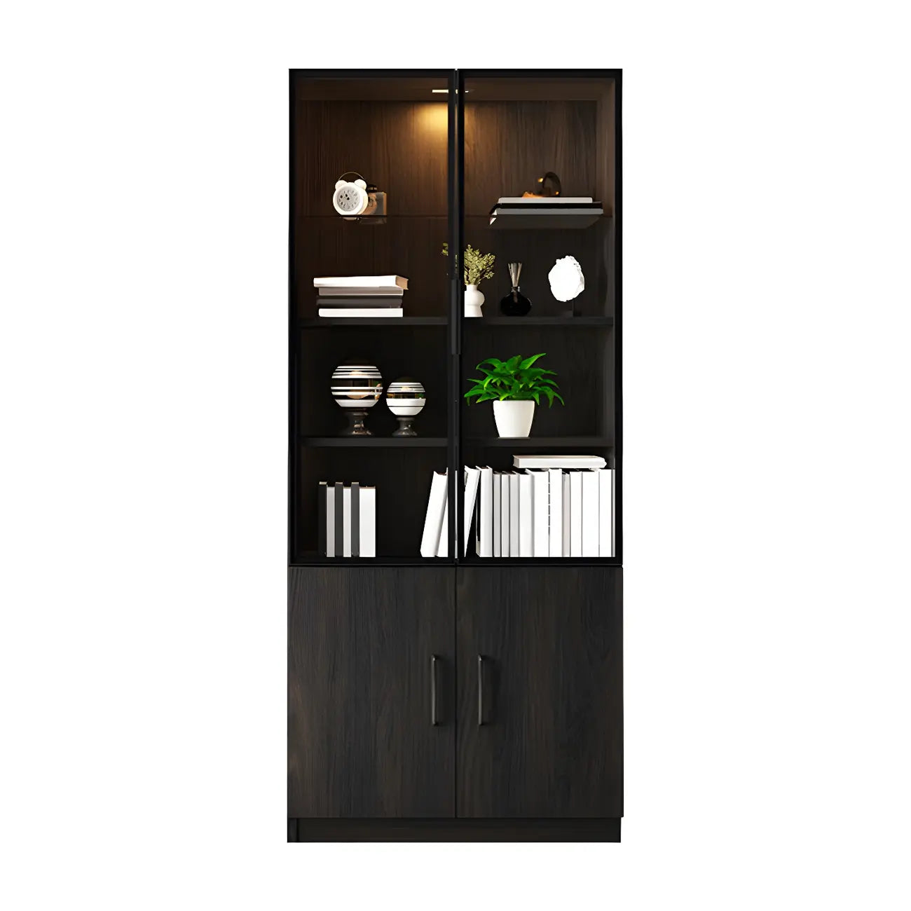 Black Glass Doors Wood Large Display Cabinet with Drawers