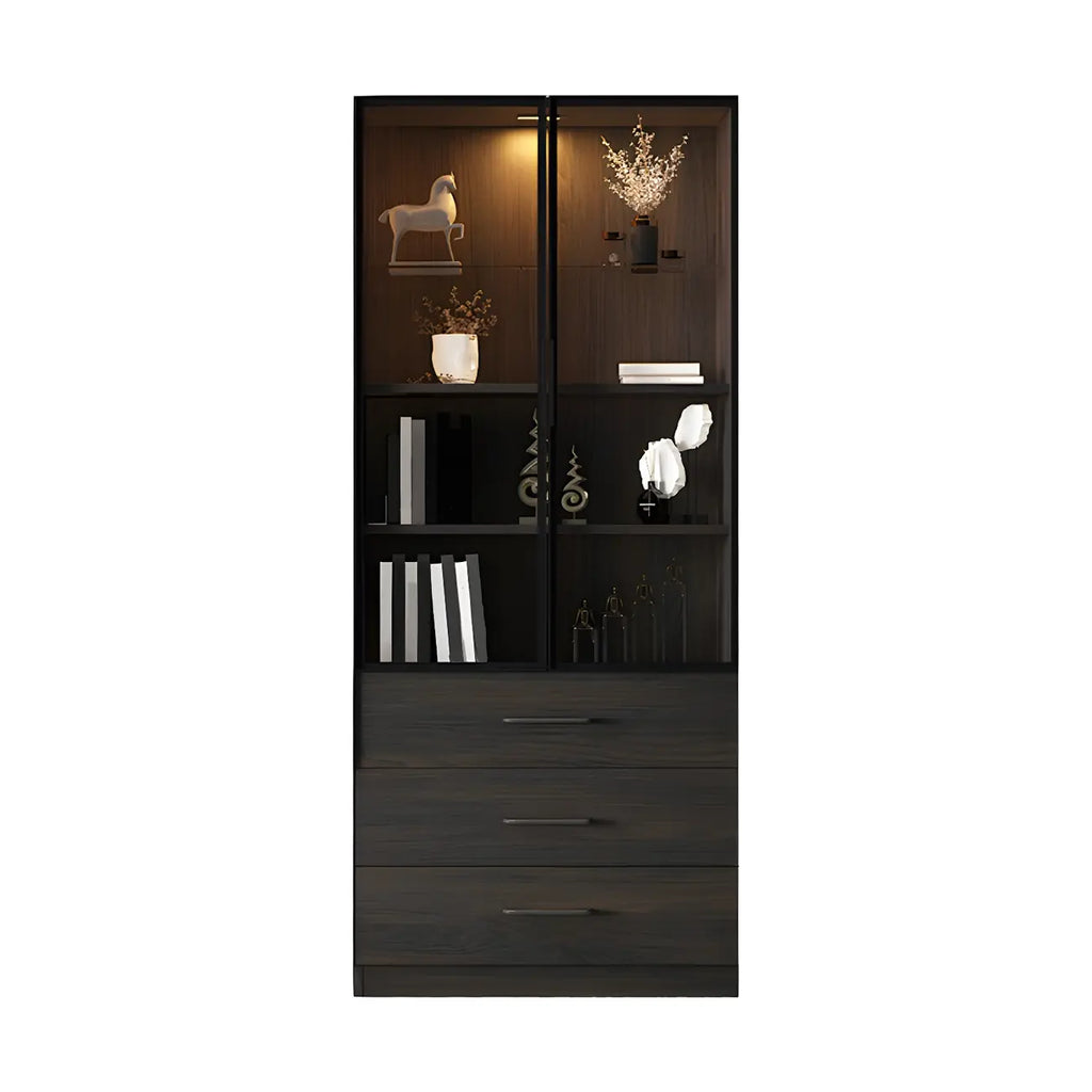 Black Glass Doors Wood Large Display Cabinet with Drawers