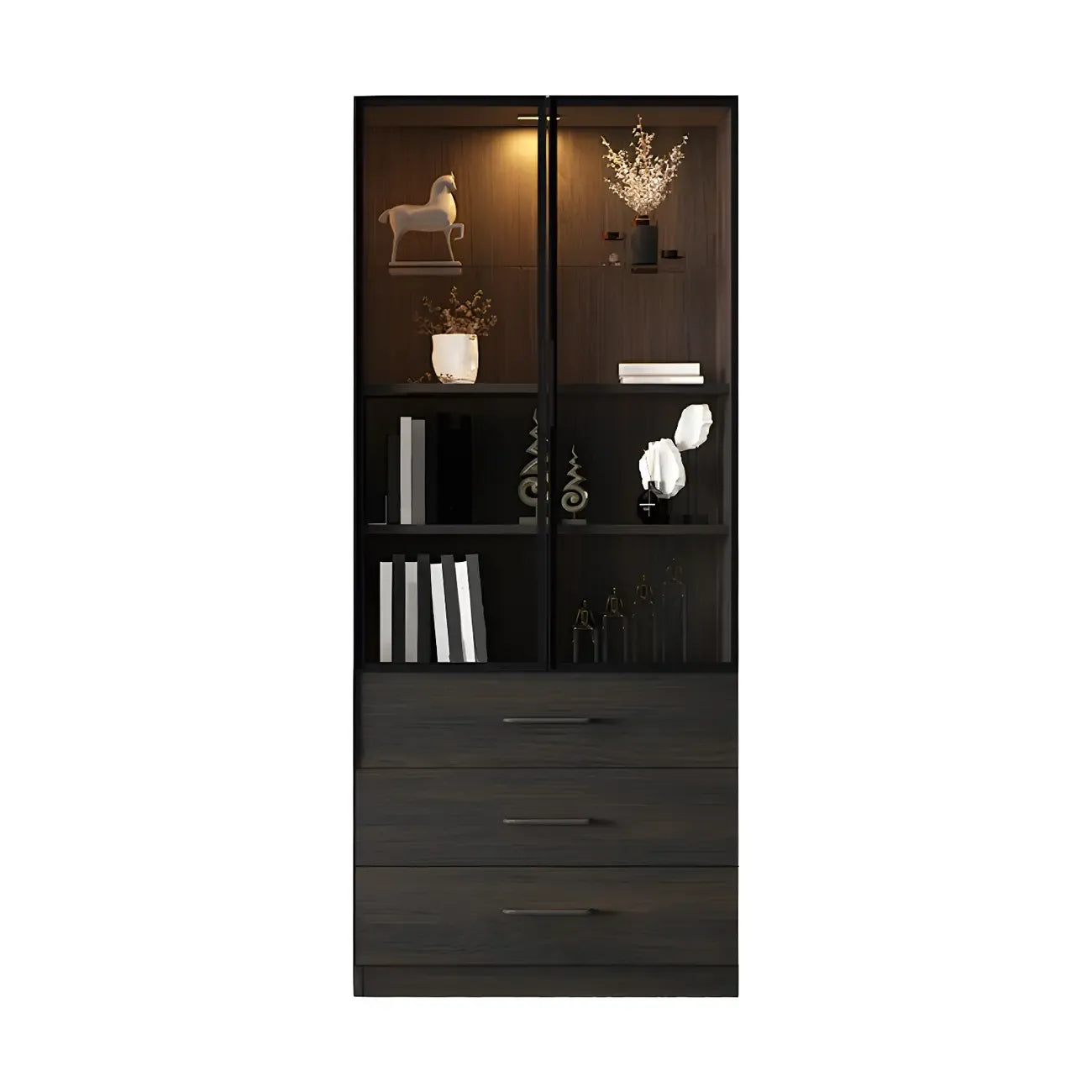 Black Glass Doors Wood Large Display Cabinet with Drawers