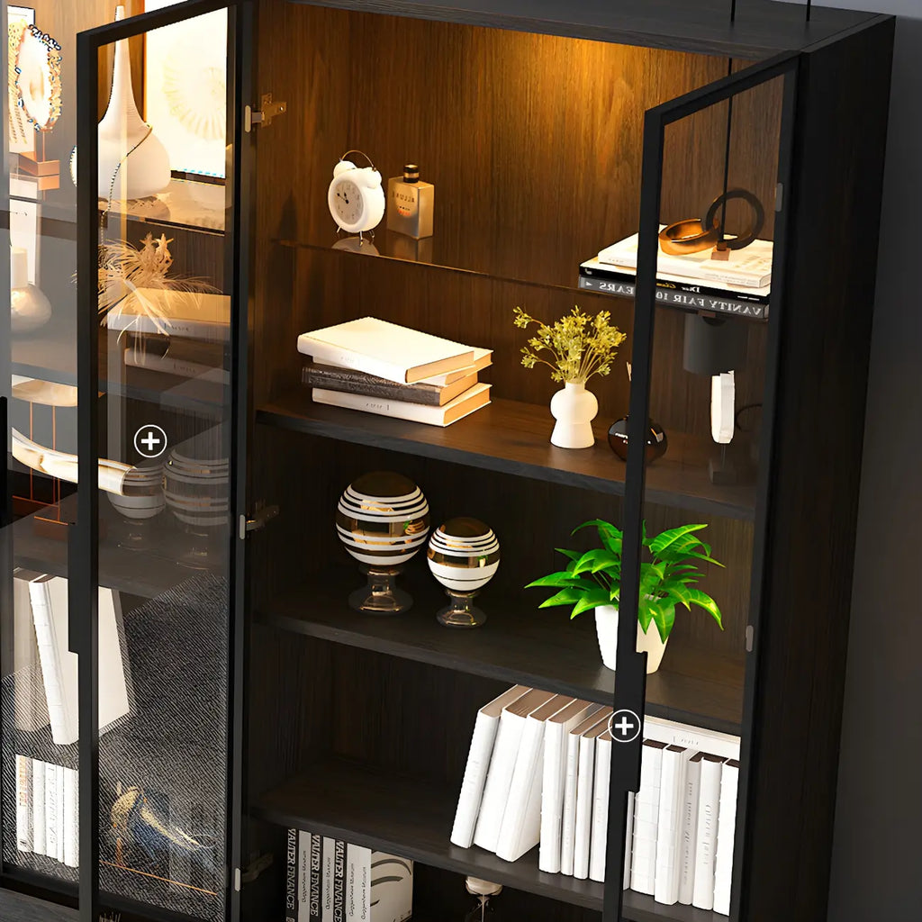 Black Glass Doors Wood Large Display Cabinet with Drawers