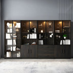 Black Glass Doors Wood Large Display Cabinet with Drawers