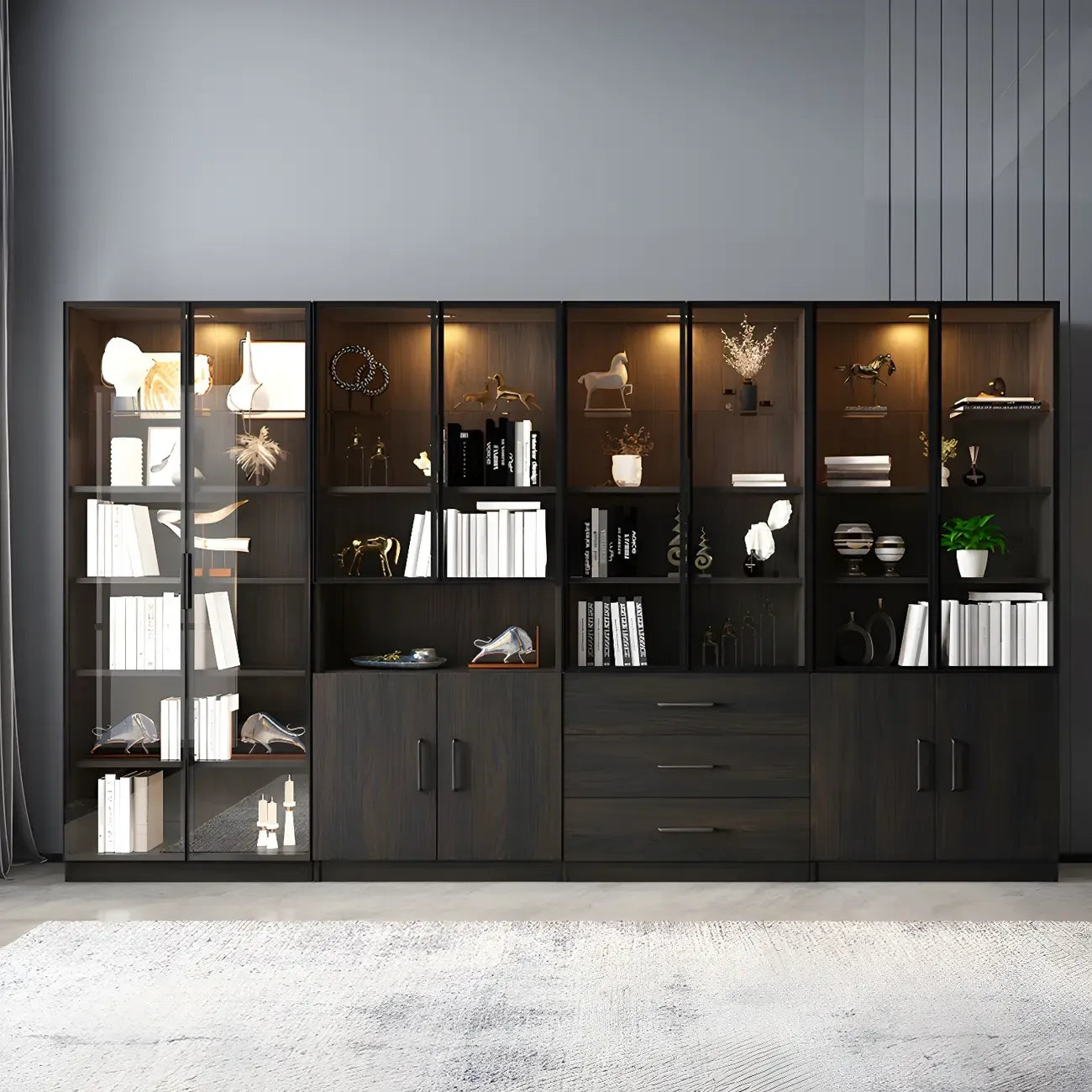 Black Glass Doors Wood Large Display Cabinet with Drawers