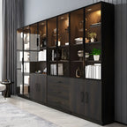 Black Glass Doors Wood Large Display Cabinet with Drawers