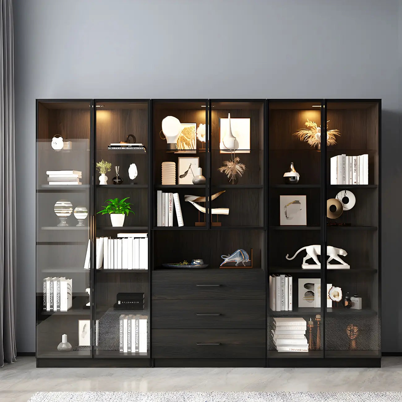 Black Glass Doors Wood Large Display Cabinet with Drawers
