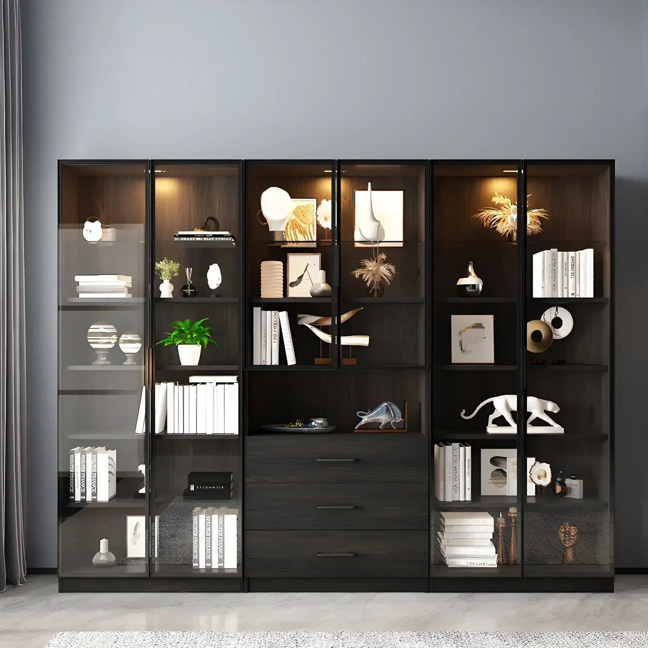 Black Glass Doors Wood Large Display Cabinet with Drawers