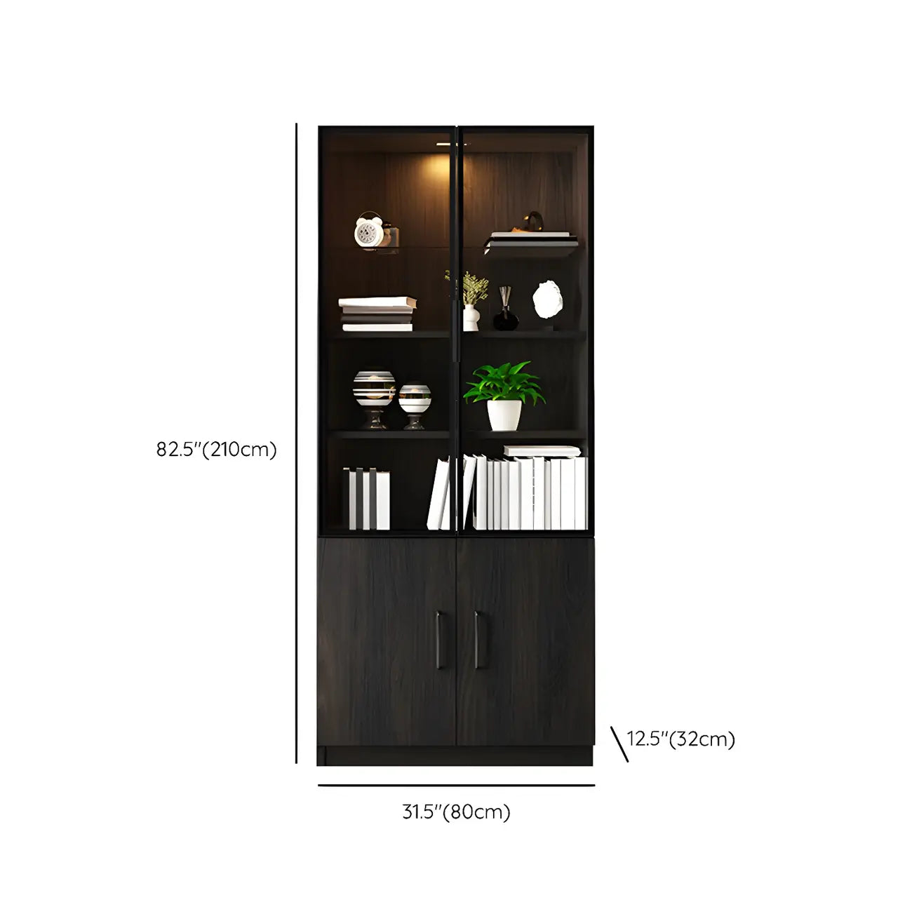 Black Glass Doors Wood Large Display Cabinet with Drawers