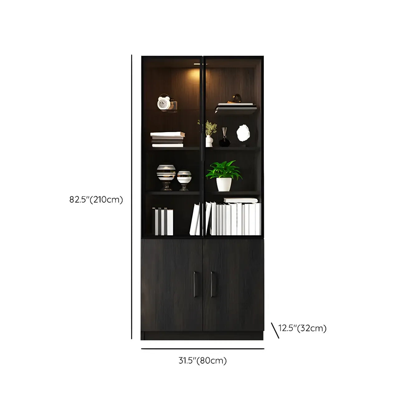Black Glass Doors Wood Large Display Cabinet with Drawers