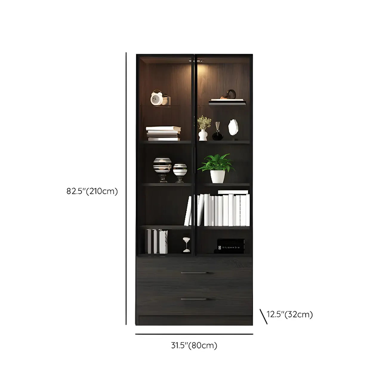 Black Glass Doors Wood Large Display Cabinet with Drawers