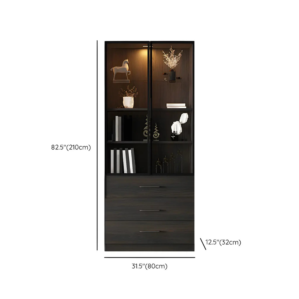 Black Glass Doors Wood Large Display Cabinet with Drawers