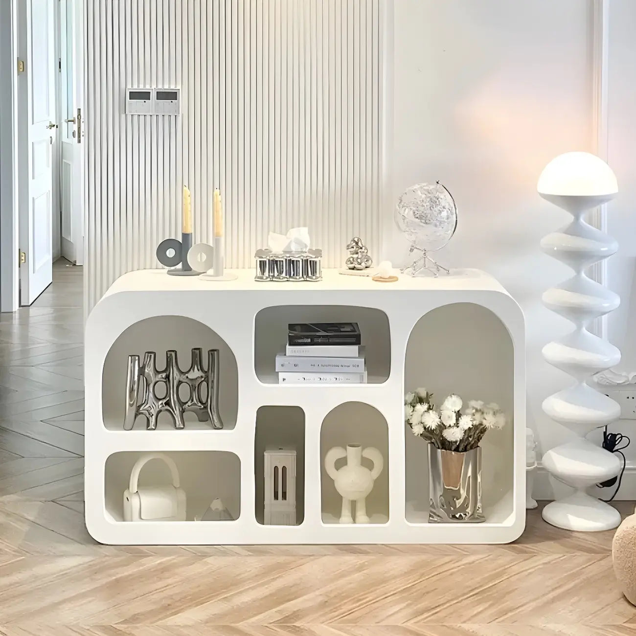 Contemporary White Wood Open Storage Display Cabinet