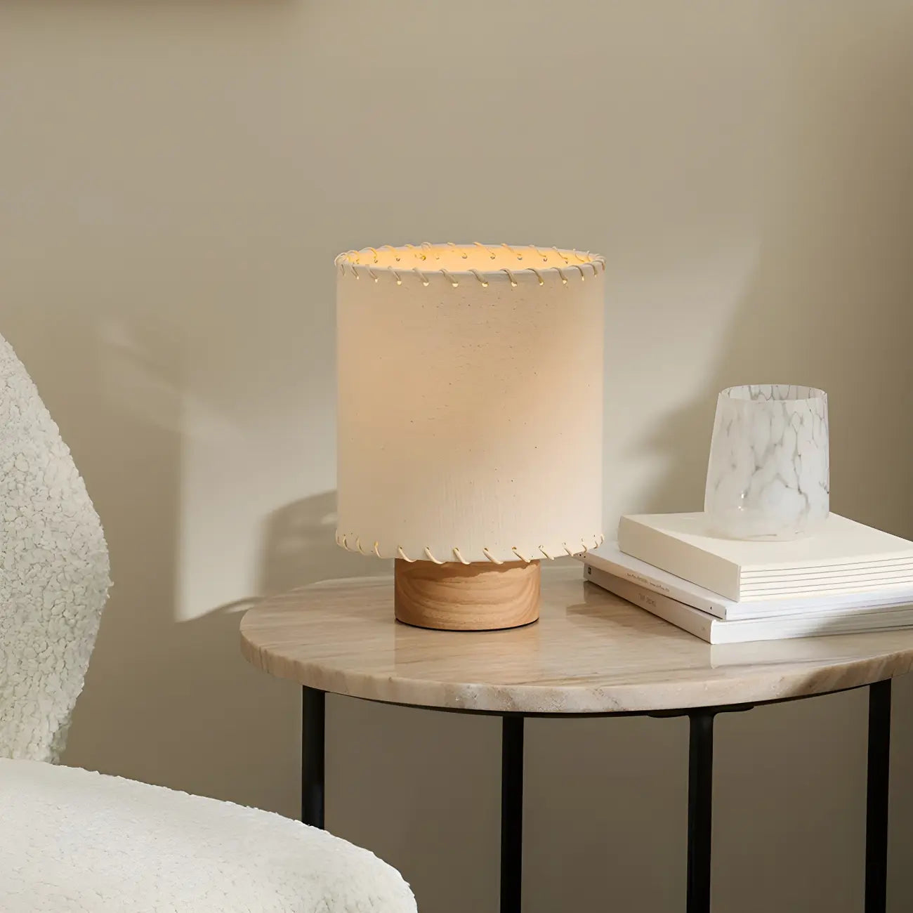 Rustic White Drum Wood Table Lamp for Ambient Bedroom