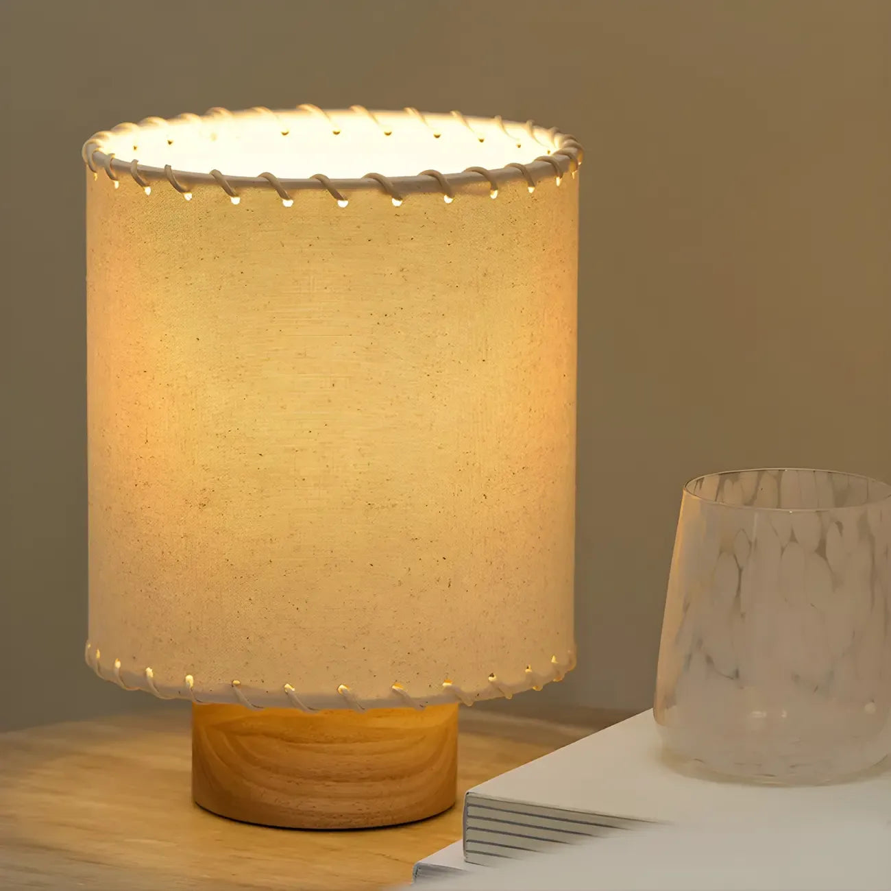 Rustic White Drum Wood Table Lamp for Ambient Bedroom