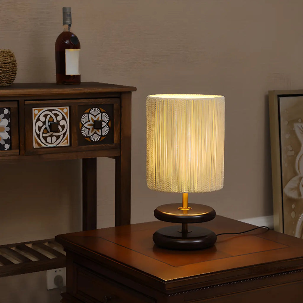 Beige Shade Wooden Base Table Lamp Plug-in for Residential