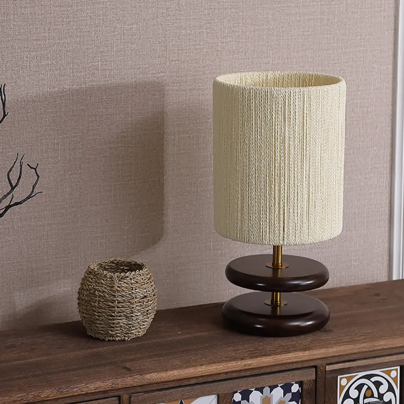 Beige Shade Wooden Base Table Lamp Plug-in for Residential