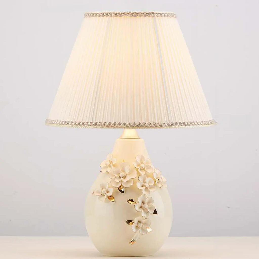 White Ceramic Ceramic Carved Table Lamp with Fabric Lampshade