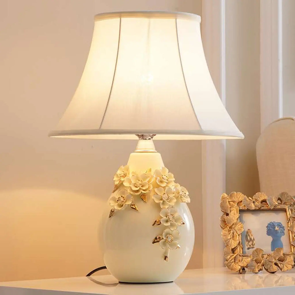 White Ceramic Ceramic Carved Table Lamp with Fabric Lampshade