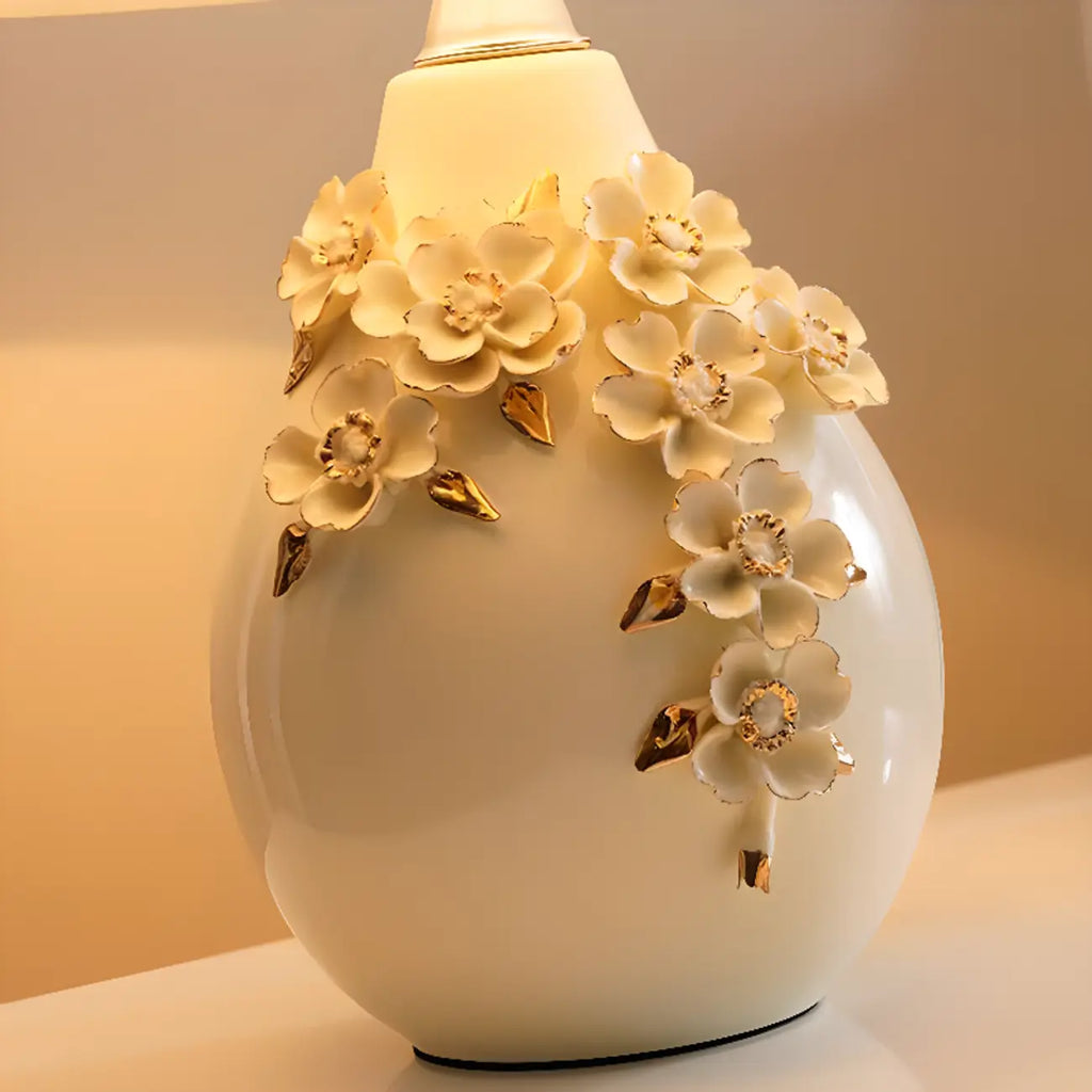 White Ceramic Ceramic Carved Table Lamp with Fabric Lampshade