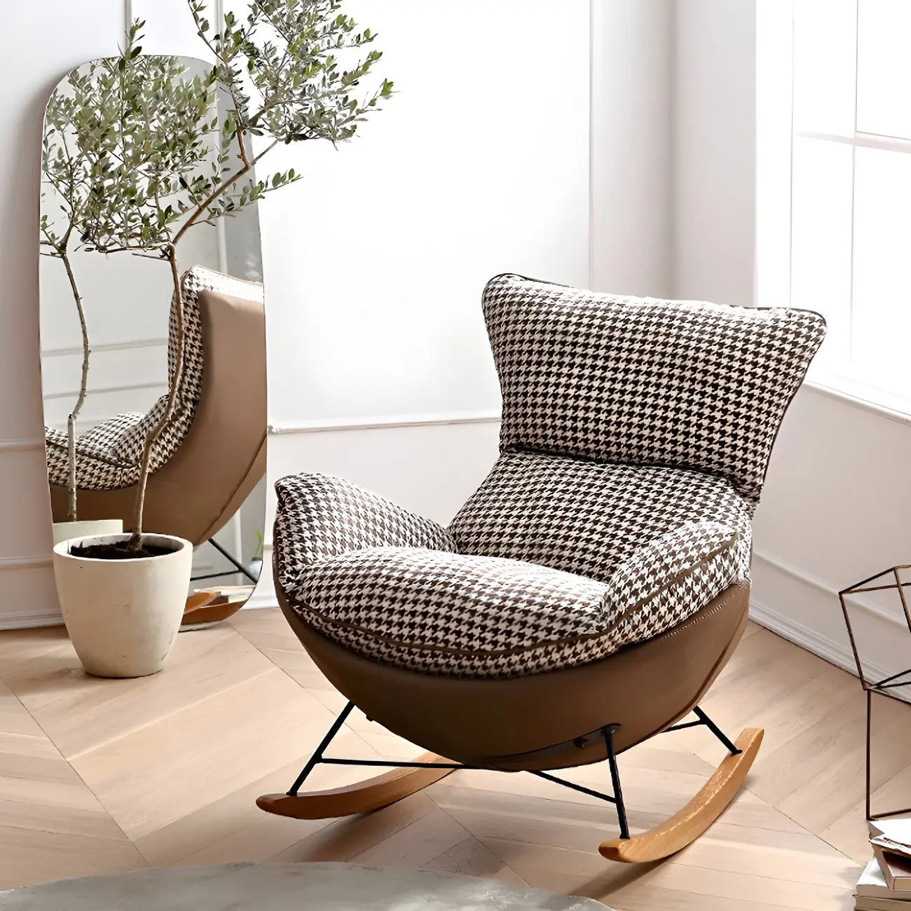 Contemporary Houndstooth Upholstered Rocking Chair for Indoor