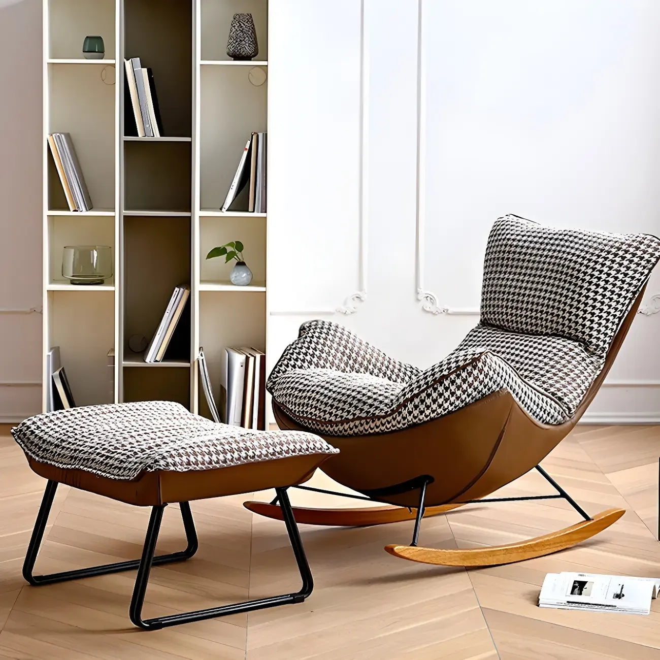 Contemporary Houndstooth Upholstered Rocking Chair for Indoor