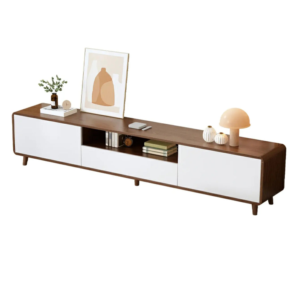 87 Natural White Wood Open Storage TV Stand with Drawers