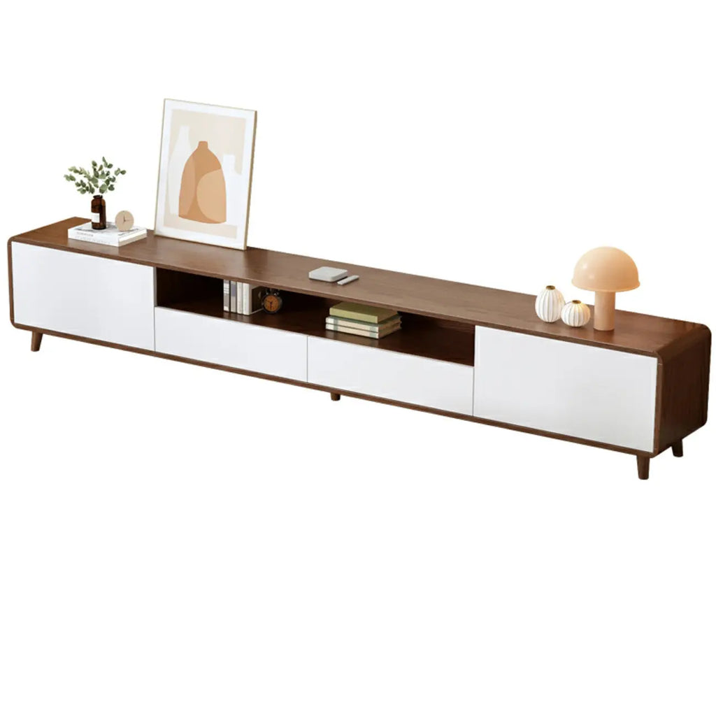 87 Natural White Wood Open Storage TV Stand with Drawers