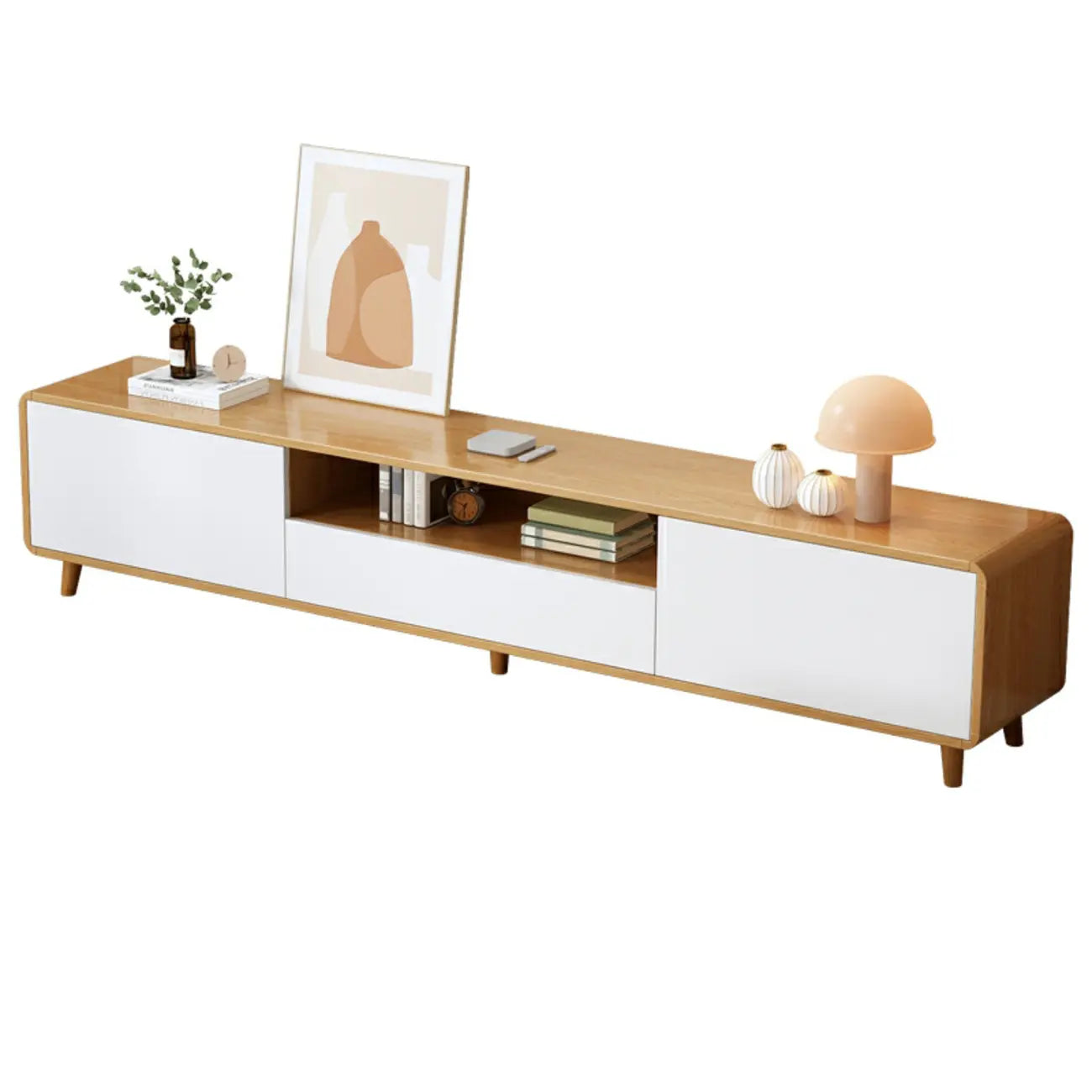 87 Natural White Wood Open Storage TV Stand with Drawers