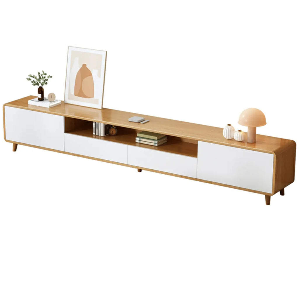 87 Natural White Wood Open Storage TV Stand with Drawers
