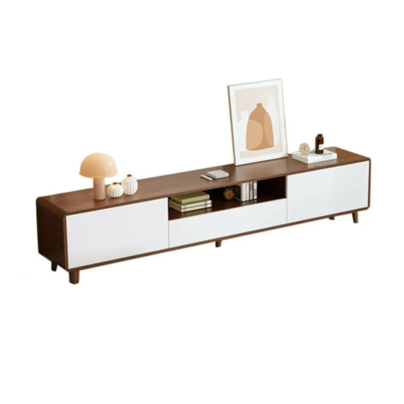 87 Natural White Wood Open Storage TV Stand with Drawers